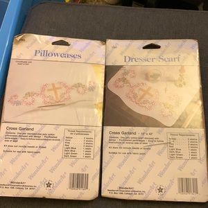 VINTAGE CROSS STITCH PAIR OF PILLOW CASES AND A DRESSER SCARF - Patterns only